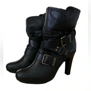 DKNYC Sandra Heeled Boot Black 9.5 Women’s Biker Moto Buckle Stack Heel Leather